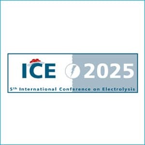 Logo for ICE 2025, 5th International Conference on Electrolysis, with a split blue and gray background.