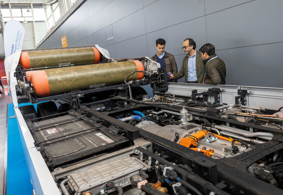Interior of a hydrogen truck with fuel cell technology at hy-fcell in Stuttgart.
