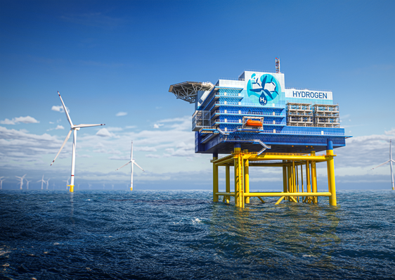 So könnte die erste großskalige Wasserstoff-Erzeugung auf der Nordsee künftig aussehen. 