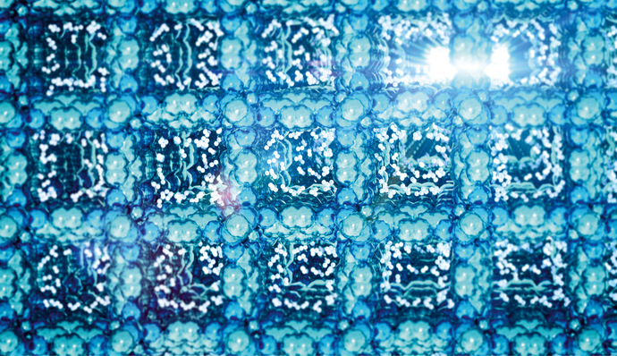 Animated representation of a reticular material storing hydrogen (turquoise).