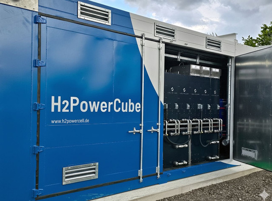 The H2PowerCube is a containerised hydrogen fuel cell power plant.