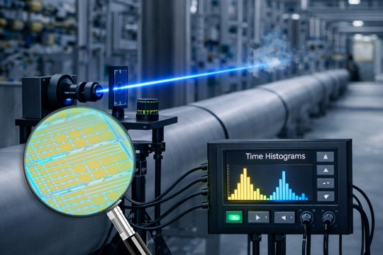 The image montage shows where and how the compact Raman LiDAR system could be deployed. In the magnifying glass, you can see a section of a 200 mm wafer manufactured at Fraunhofer IMS with variants of the silicon photomultiplier (BSI-SiPMs).