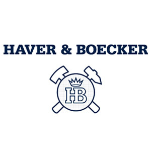 Haver & Boecker-Logo mit einer Krone, den HB-Initialen, einem Hammer und einer Spitzhacke auf einem kreisförmigen Gitterhintergrund. HAVER & BOECKER OHG