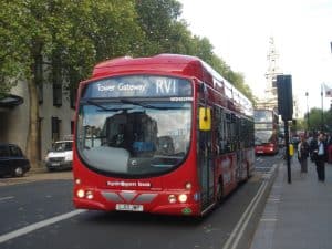 Red H2 Wrightbus in London city traffic,
